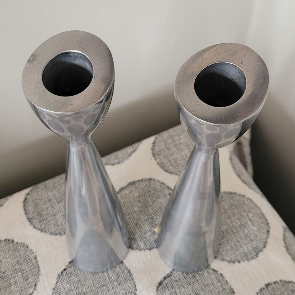 Set of 2 Pewter Silver Toned Candle Sticks Nambe? Danish Vintage - Picture 3 of 4